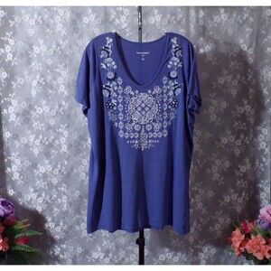 Woman Within Blue Embroidered Tee Size 18/20 Large Cotton Rayon Boho Hippie